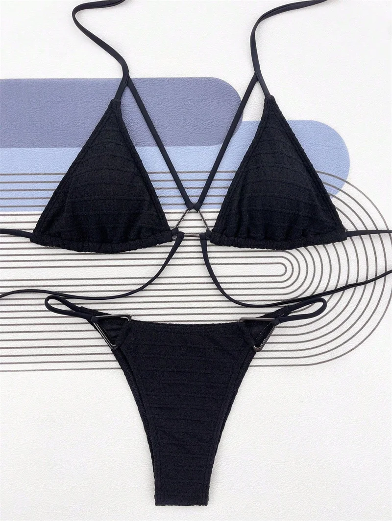 Maillot de bain noir sexy pour femmes, ensemble deux pièces, couleur unie, à la mode, vêtements de plage, costume de fête