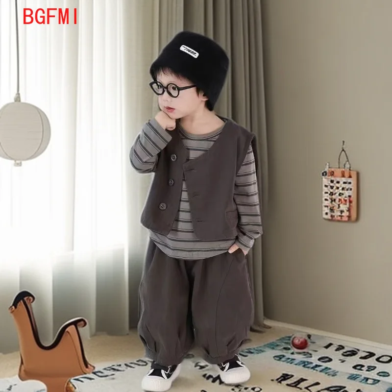 

Детская одежда, новинка 2025 года, детский жилет + рубашка + брюки, весенне-осенний комплект из 3 предметов, красивый повседневный полосатый модный свитер для мальчиков
