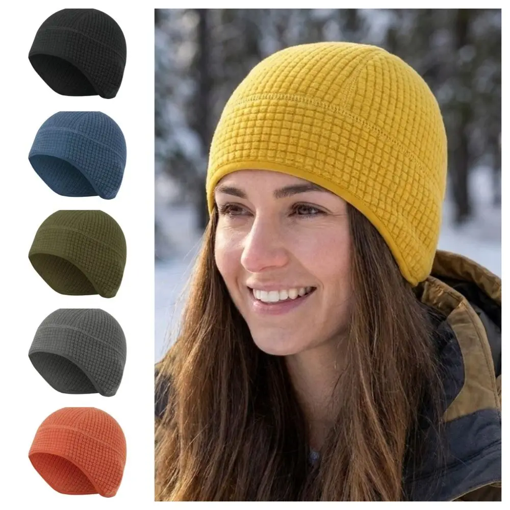 Grid Winter Running Hat Polar Fleece Solid Color Ear Protection Cap Sweat Absorption Helmet Liner Running Winter Sport Cap