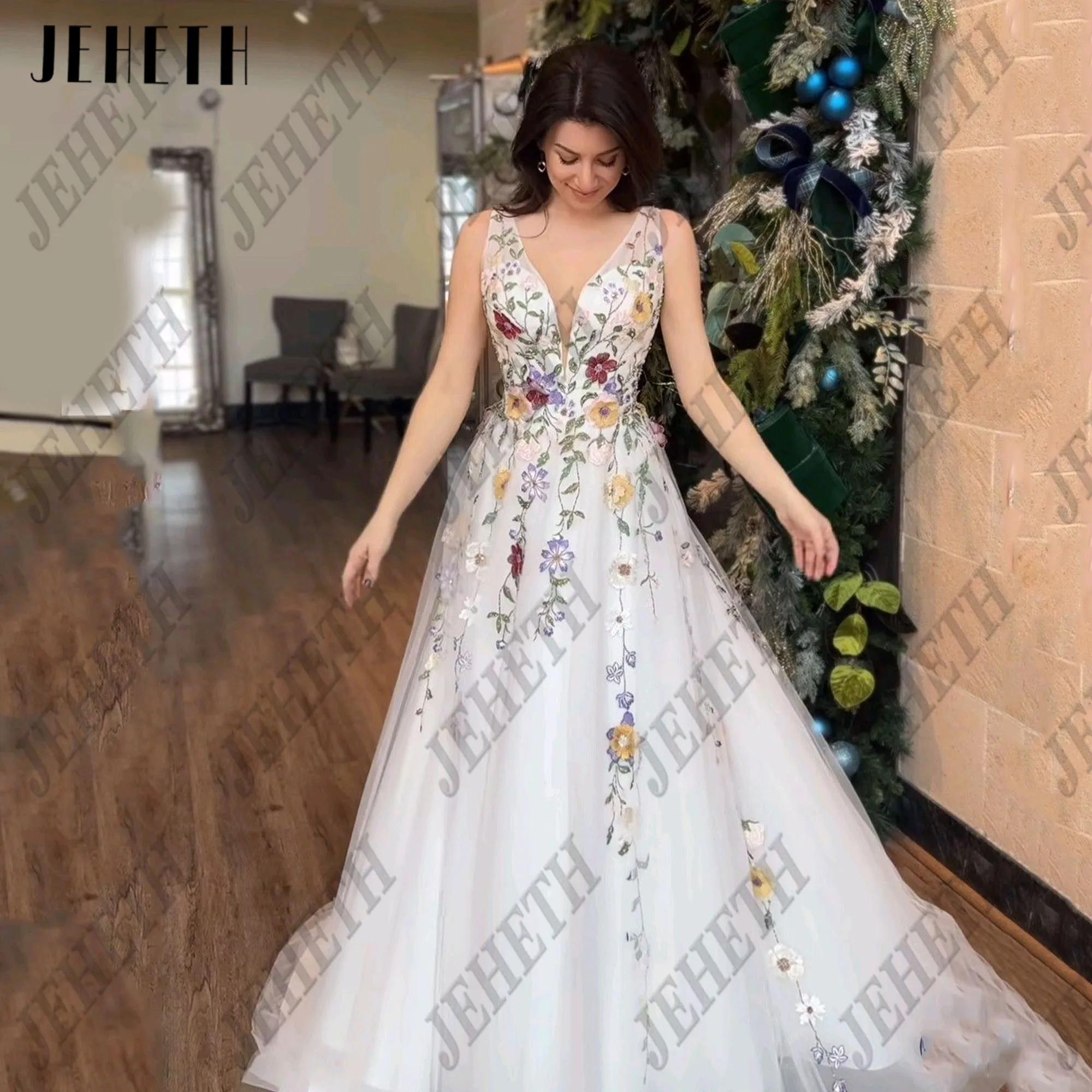 JEHETH Stickerei Elfenbein Abendkleid 2025, A-Linie, ärmellos, 3D-Blumen, Tüll, Abendparty-Kleider, formelles Anlasskleid, individuell gestaltetJEHETH Stickerei Elfenbein Prom Kleid 2025 A-Linie ärmellos 3D Blumen Tüll – Detail 7