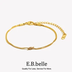 E.B.belle Simple Knotted Thin Snake Chain Double Layered Couple Bracelet Silver Color 316L Stainless Steel 18K Gold Plated
