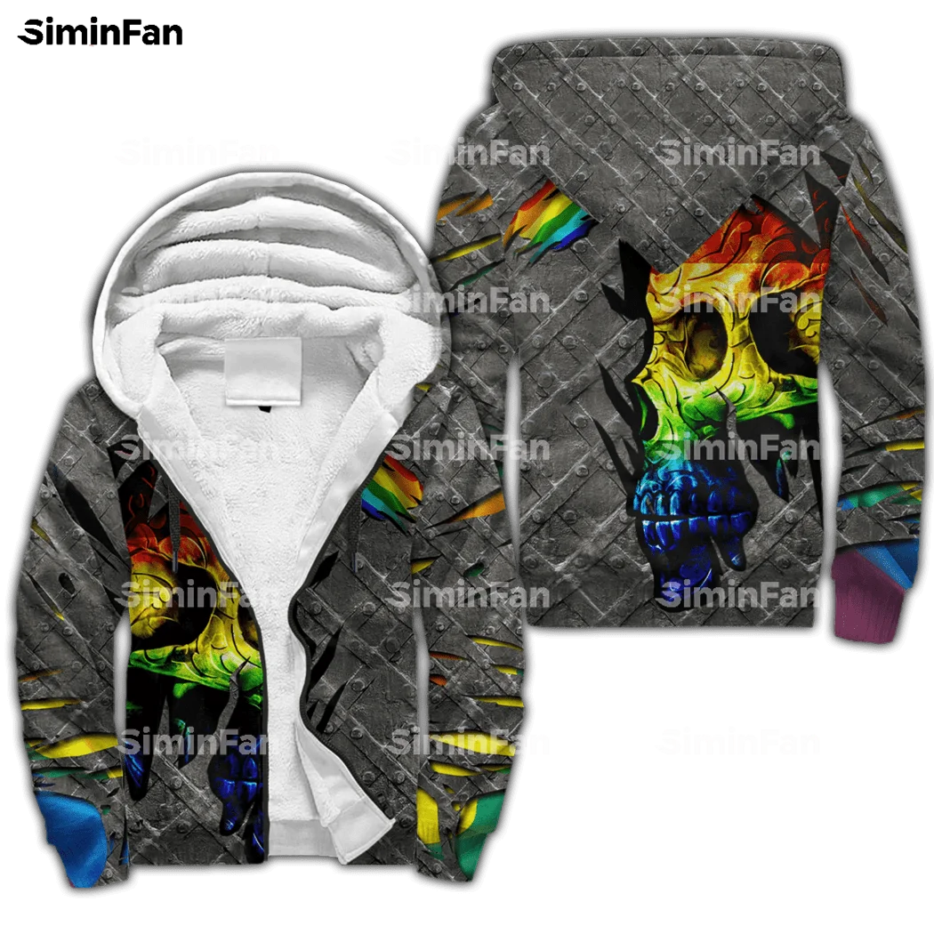 

LGBT SKULL PRIDE COLORFUL 3D Printed Warm Flannel Jacket Fleece Zipper Hoodie Winter Thicken Coat Windproof Outwear Pullover 1