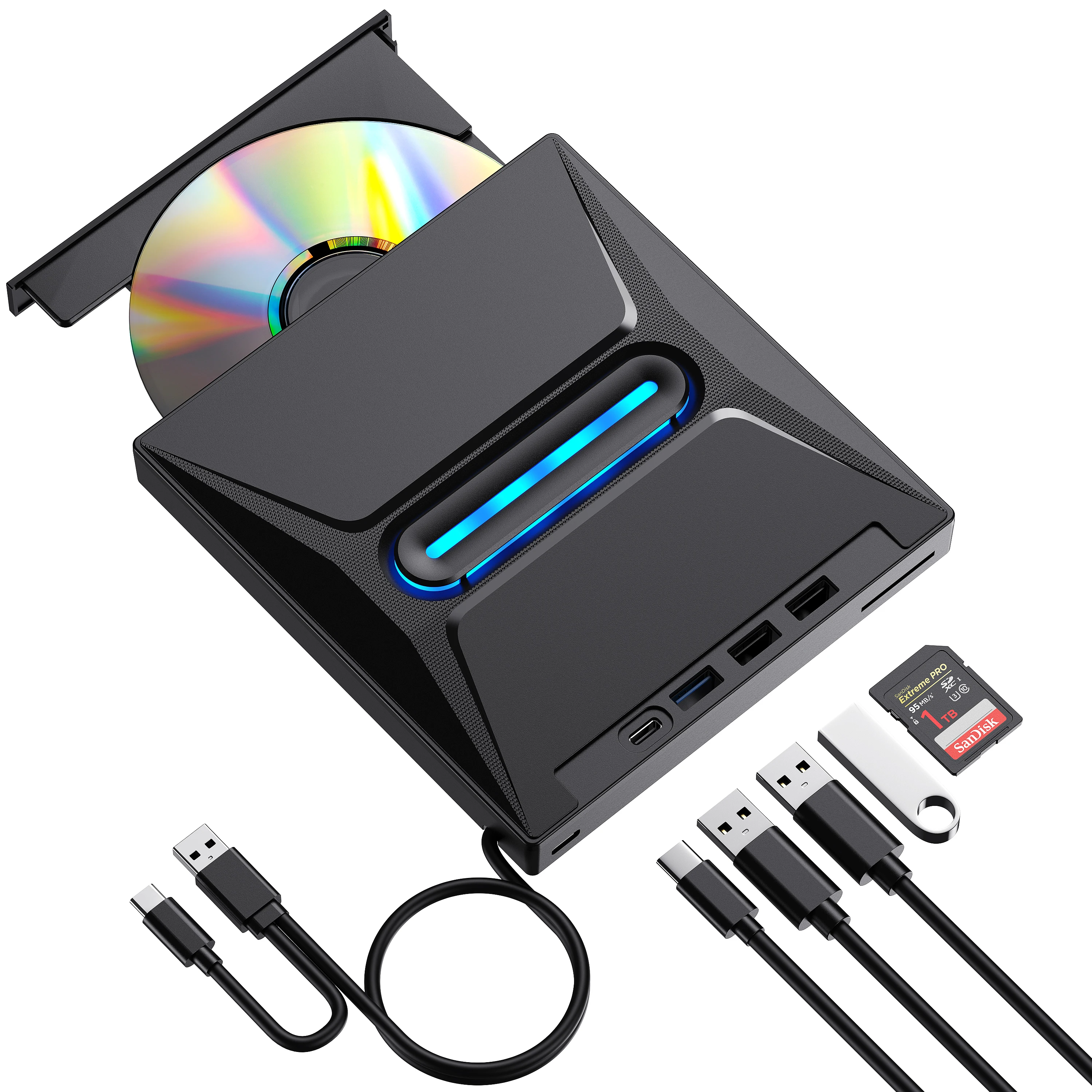 Externes DVD CD USB 3.0 & Type-C CD/DVD +/-RW DVD Drive mit SD TF Card Reader USB-Stick Port for Laptop Desktop