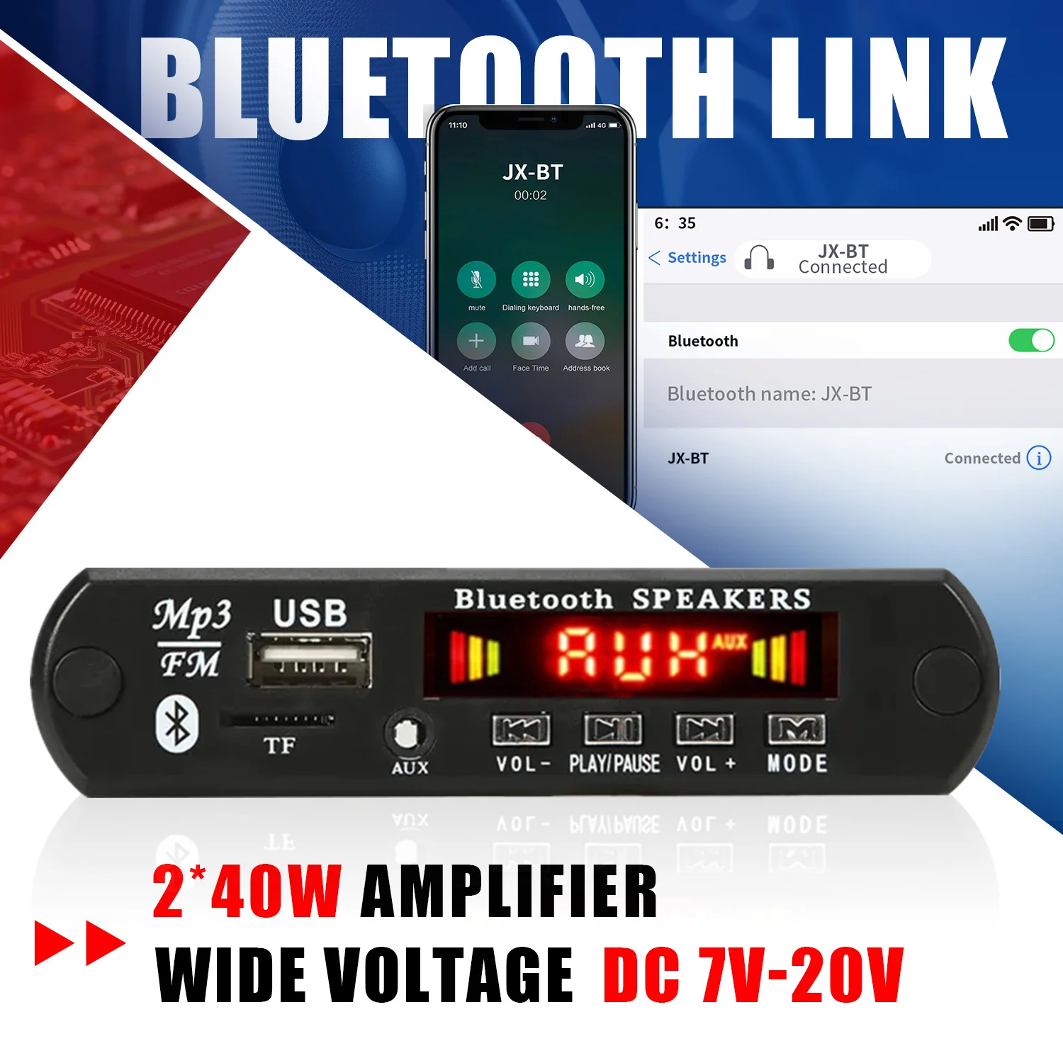 Handsfree 80W Erősítő Bluetooth DIY MP3 Dekódoló Pást 12V Szikratávirát autó MP3 Játszadozó Rekord USB TF Segéd- Fermium Rádióadó Leporello switching