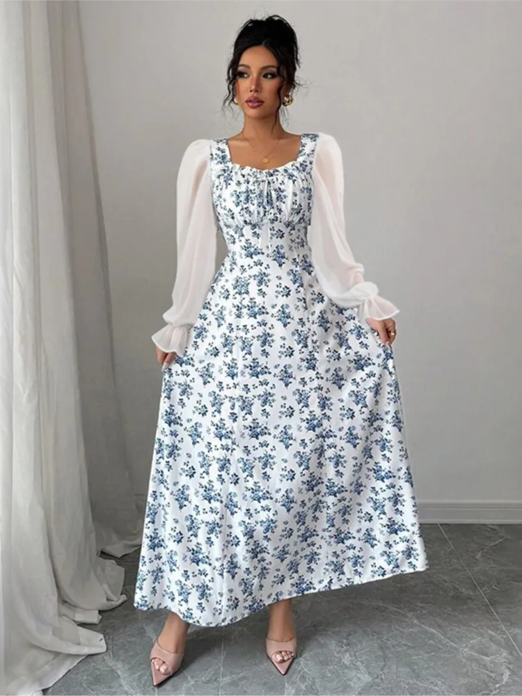 

Elegant High Waist Dress For Woman Fashion Square Neck Long Sleeves A-line Long Dresses Spring Autumn Ladies Big Hem Vestidos