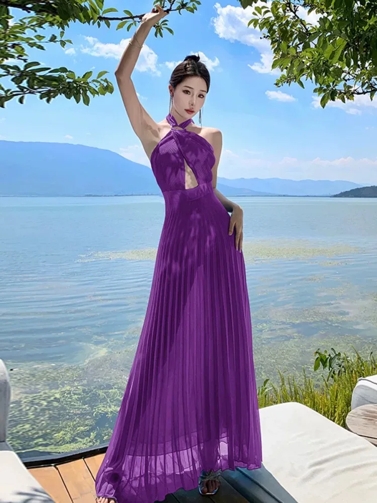 Women Halter Cross Hanging Neck Dress Lady Elegant Purple Hollow Chiffon Long Dress Sexi Bandage Slim Waist Draped Pleated Dress