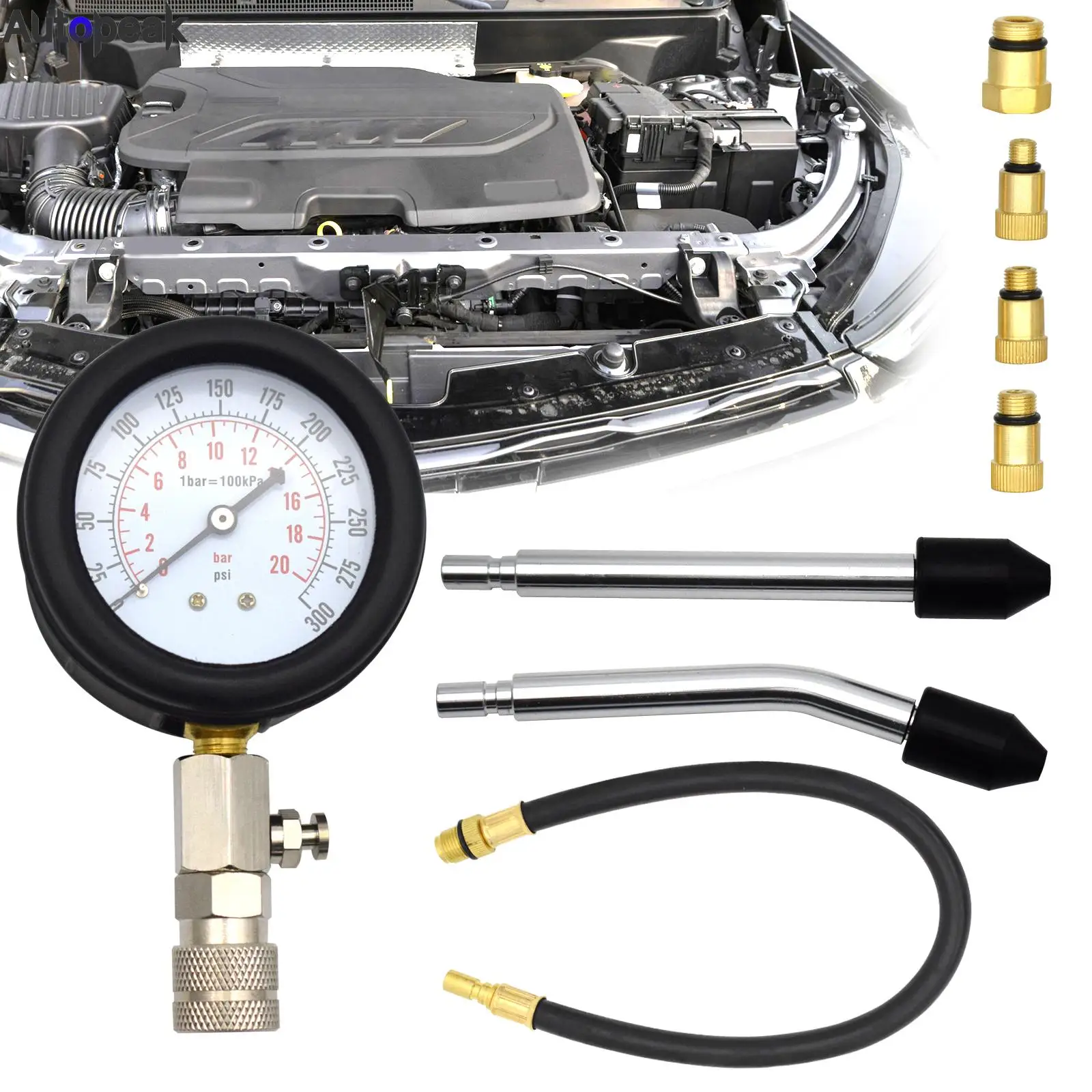 Engine Compression Tester Pressure Gauge Leakage Detector Measure Motor Car Auto Petrol Gas Cylinder Motorcycle Adaptor 0-300psi