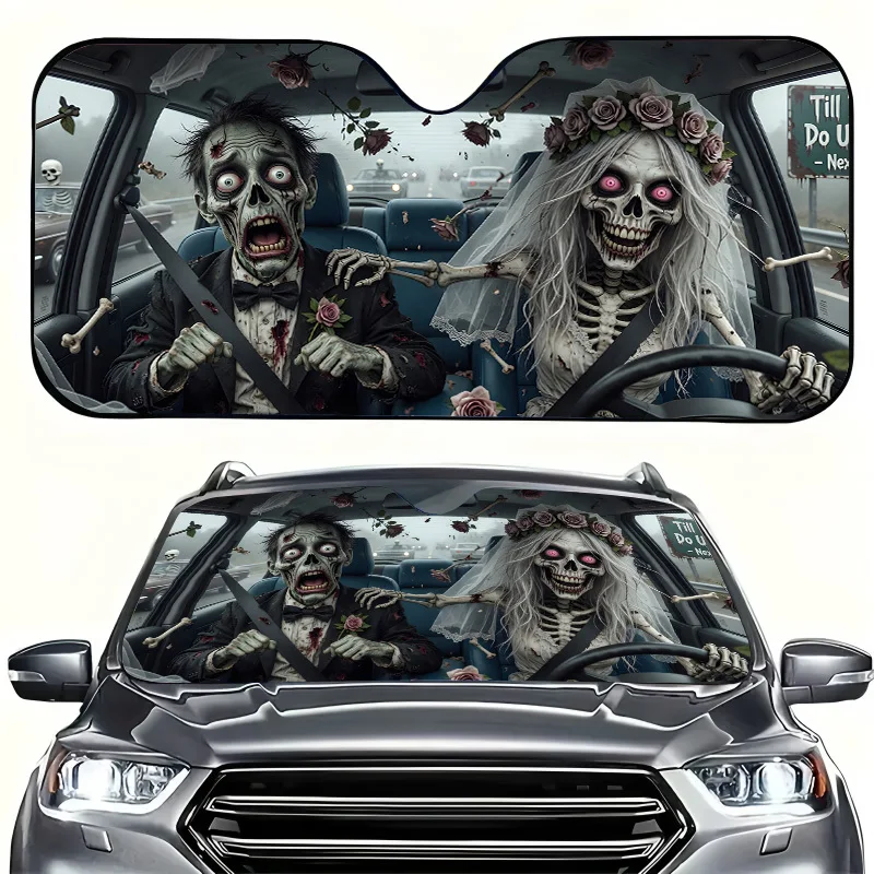 1Pcs Zombie Bride & Groom Playful Design Windshield Sun Shade, For SUV RV, Vibrant Design