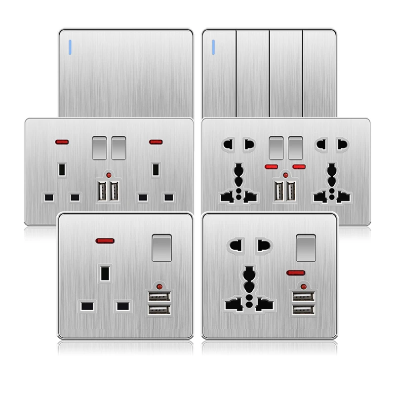 UK 13A Brushed Silver 220V Wall Light Switch Panel Socket, Universal USB Wall Dual Power Outlet,switch on Off AC 110-250V