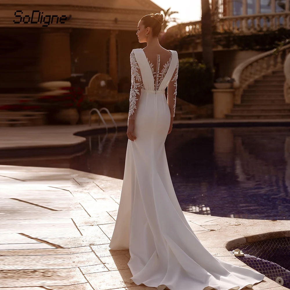 

SoDigne Mermaid Satin Appliques Wedding Dresses Full Sleeves O-neck Bride Dress Wedding Gowns vestidos de novia Customized