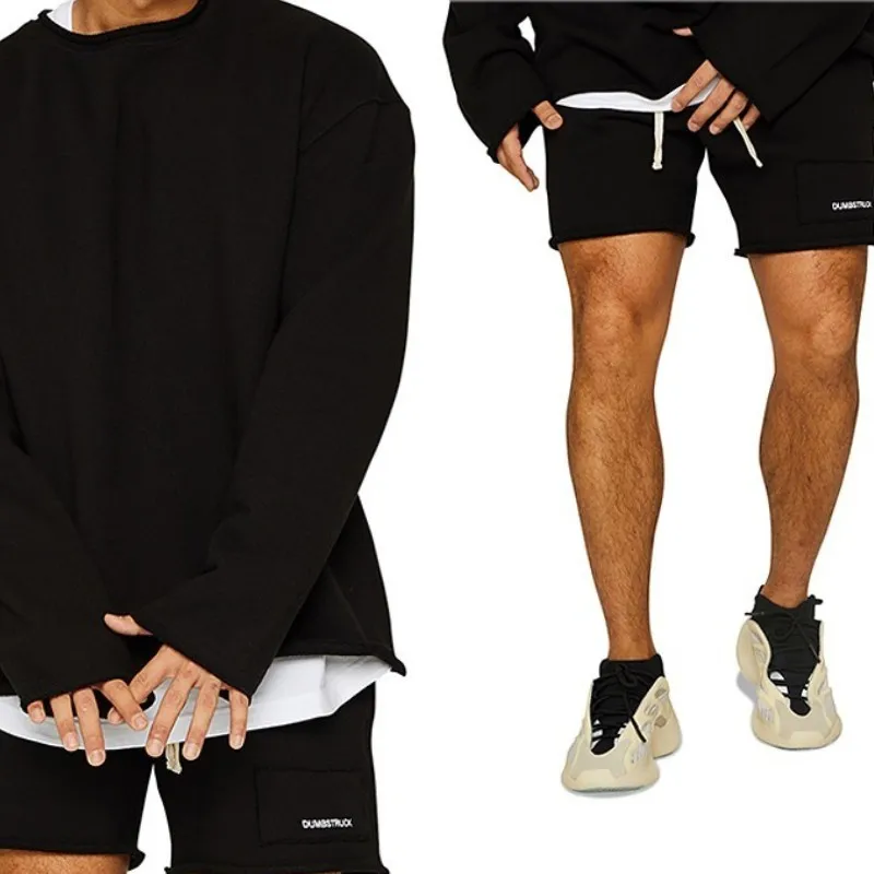 24 New Men's Ragged Edge Set Fitness Sports Training Set Sweater Shorts Running Loose Sleeve Ragged Edge Top Ragged Edge Shorts