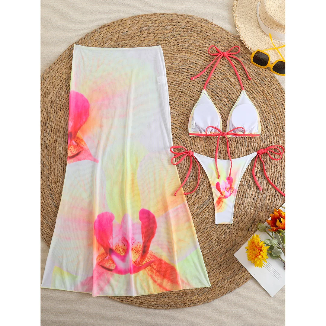Blumenmuster mit Rock, Neckholder-Bikini, Damen-Badebekleidung, dreiteiliges Bikini-Set, Damen-Badeanzug, Badebekleidung, Badeanzug, Schwimmkleidung V6637 – Detail 40