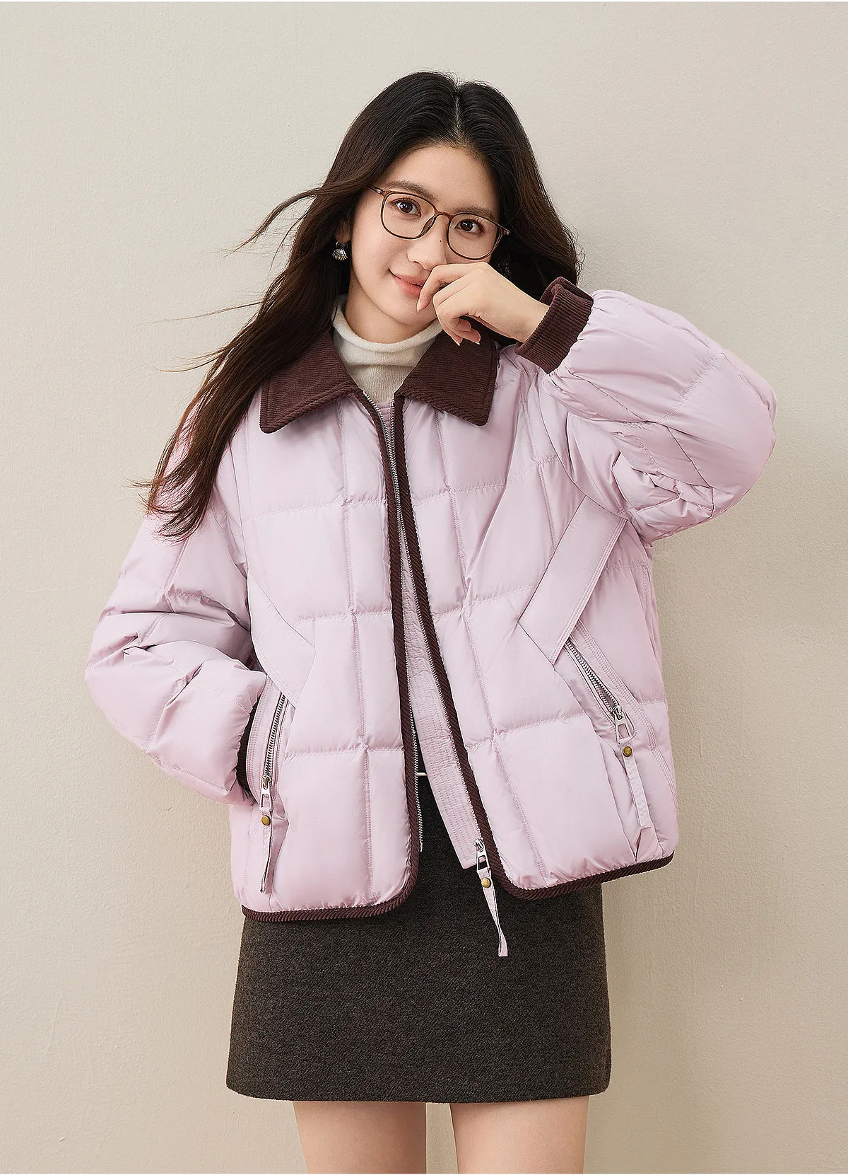 SENTUBILA 90% White Duck Down Jacket Women's 2026 Color Contrast Lapel Zip Pocket Coat Winter Loose Warm Outerwear W64YC7611