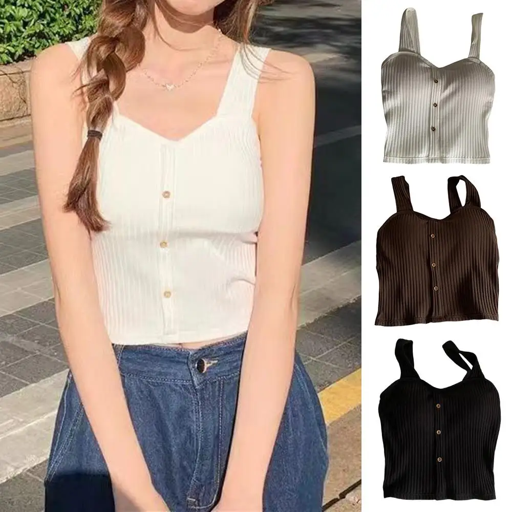 

Woman's Top With Built In Bra Button Padded Bra Lady's Top Strap Vest Tank Top Summer Girls Cute Women Casual Female Camisole