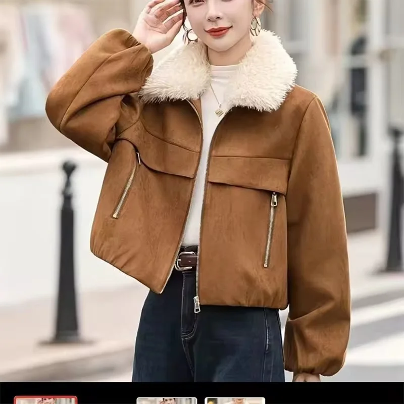 

Korean Suede Coat Women 2026 Autumn Winter New Loose Jacket Casual Fashion Outerwear Short Stand Collar Overwear Female Tops