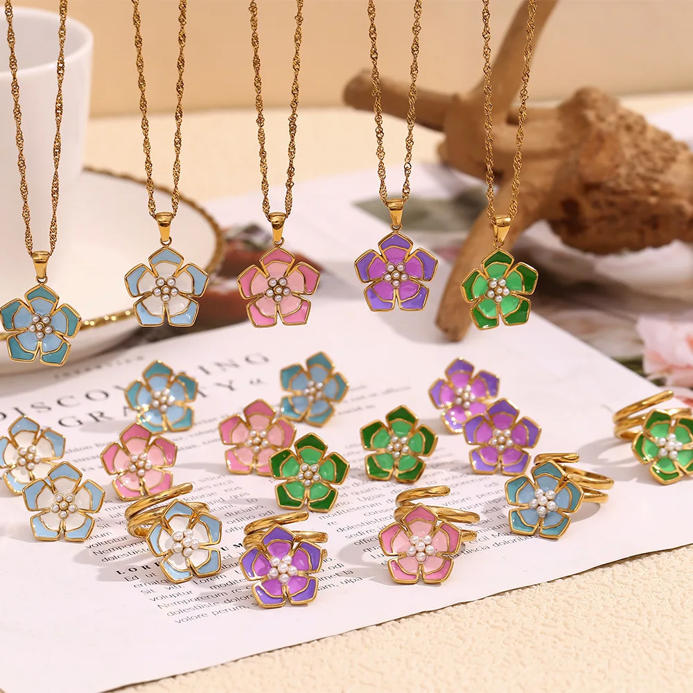 

Delicate Fashion Colorful oil dripping petals Necklace Earrings Ring Stainless Steel High-Grade Korean Jewelry Women