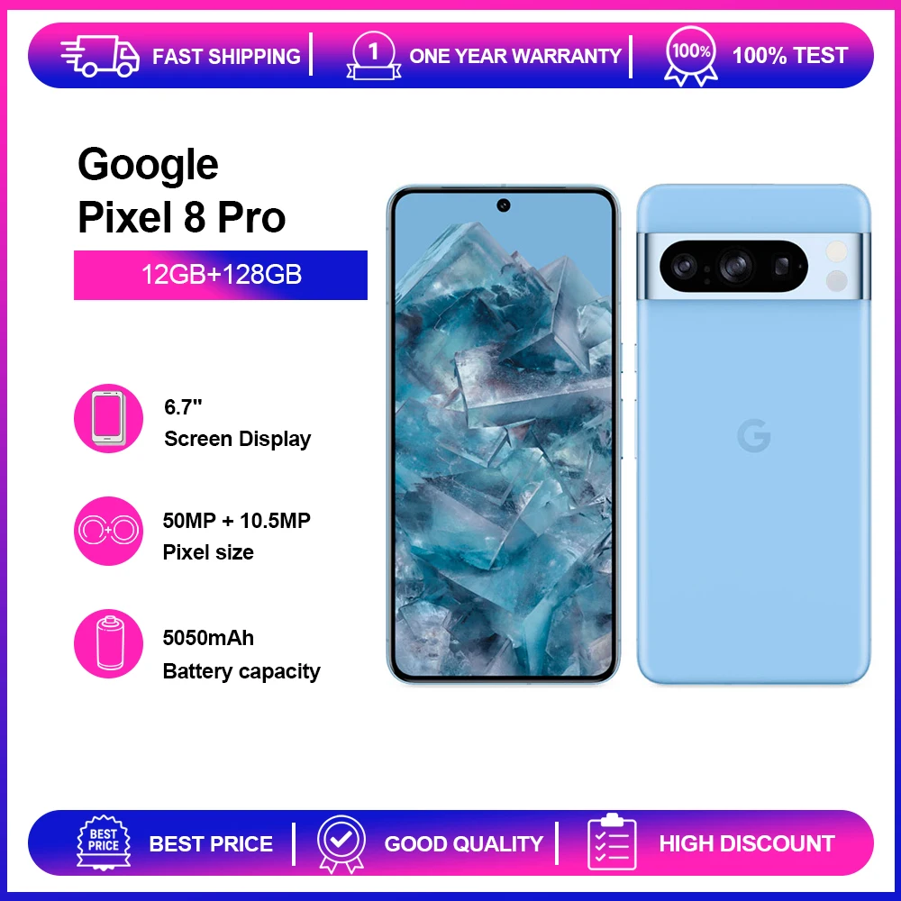 هاتف جوجل بيكسل 8 برو 5G الأصلي NFC 12GB RAM 128GB ROM 6.7 ''LTPO OLED 50MP بصمة ثماني النواة هاتف ذكي