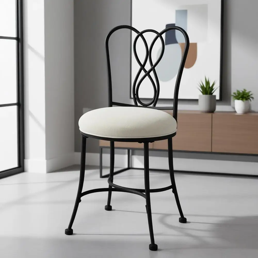 

Cream Upholstered Iron Vanity Stool with Back Support, Durable and Stylish for Makeup or Bedroom, Holds 300 lbs, Easy Assembly