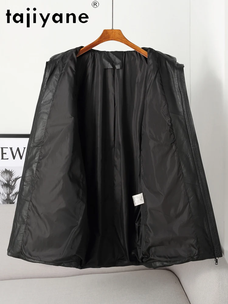 TAJIYANE 100% سترة منتفخة من جلد الغنم الحقيقي للنساء معطف طويل أبيض من ريش الإوز سترات من الجلد الطبيعي 2025 ملابس نسائية duбlenка