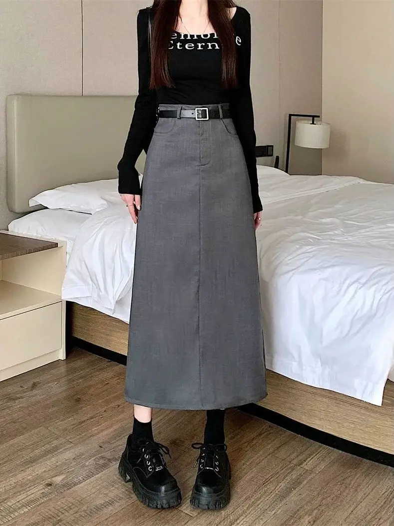 

Black A-Line Skirt Suit High Waist Drapey Spring Summer New Style Slimming Split Commuter Korean Style plus Size Skirt
