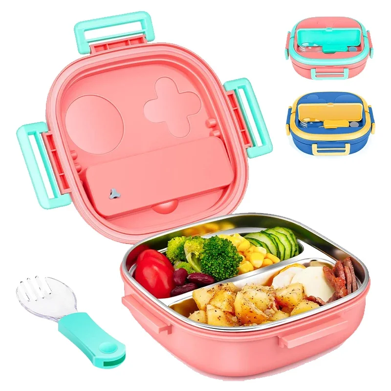 304 Stainless Steel Lunch Box Food Container Bento Box with Fork for Child Student Outdoor Portable Tableware 3 Girds for Picnic