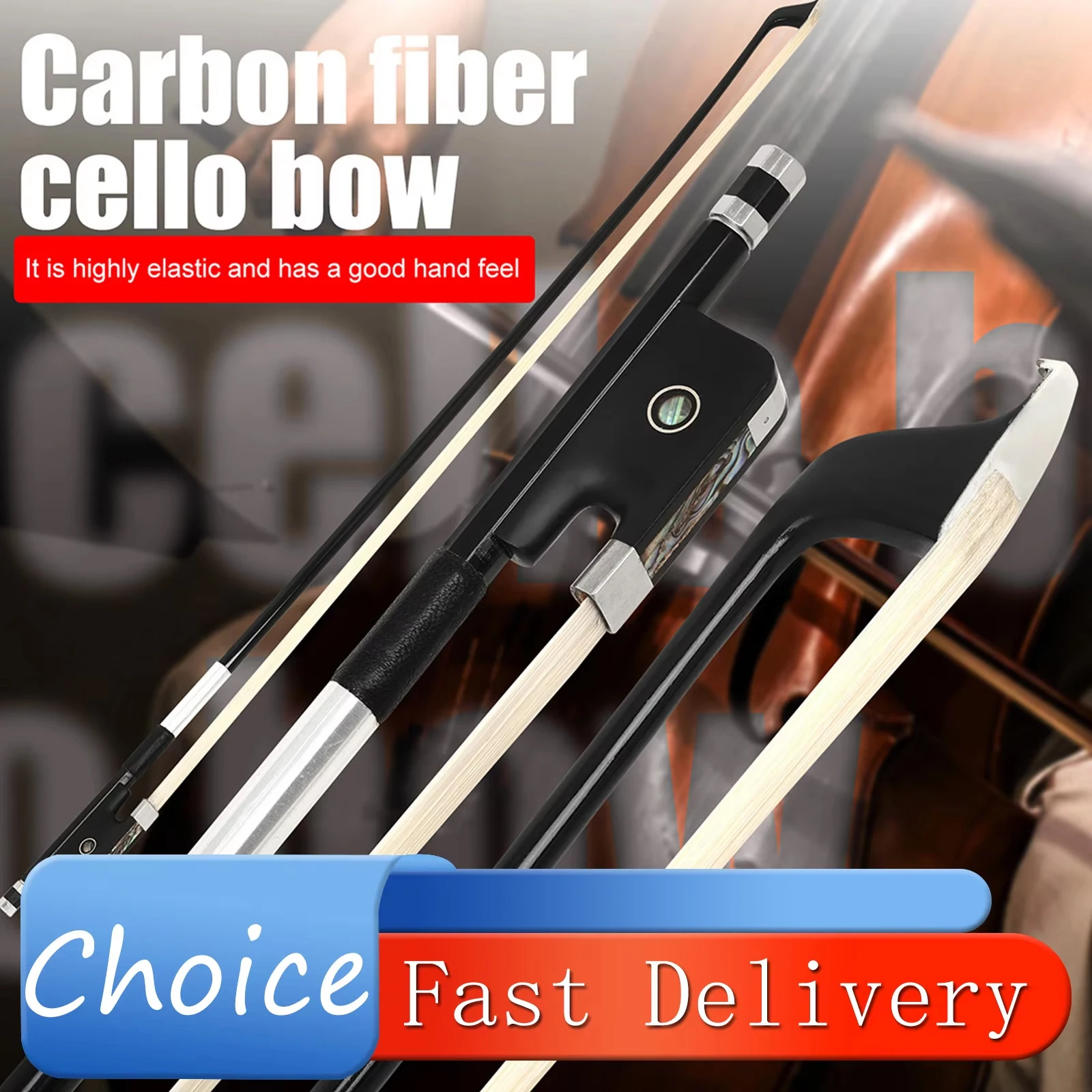 Carbon Fiber Cello Bow Ebony Frog with Abalone Shell Inlay White Horse Hair Silver Wire Wrapped Sheep Skin Grip 4/4 Cello Bow