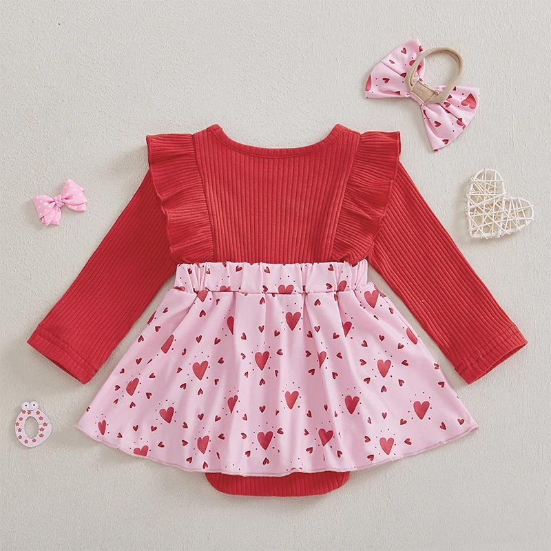 Newborn Girl Outfit Long Sleeve Crew Neck Heart Print A-line Romper Dress with Bowknot Headband Valentine’s Day Clothes