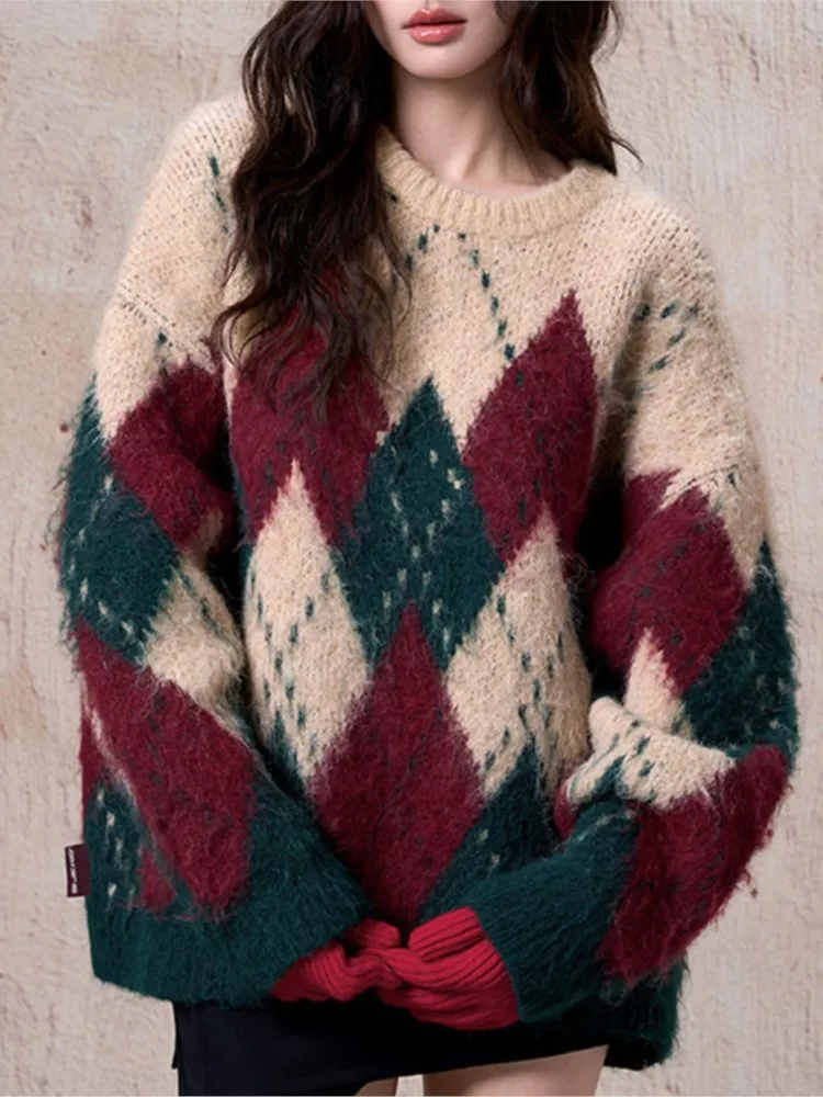 

Winter Clothes Woman Pull Femmes Pullover Comfortable Diamond Pattern Christmas Long Sleeves Contrast All-match Casual Commuting