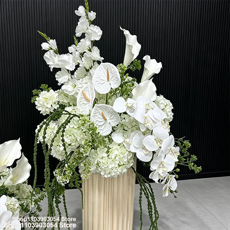 Weißes Kunstblumen-Arrangement Anthurium Calla-Lilie Orchidee Hortensie Blumendekoration für Hochzeitsgang Bodenblumen-Dekorationsstücke – Detail 3