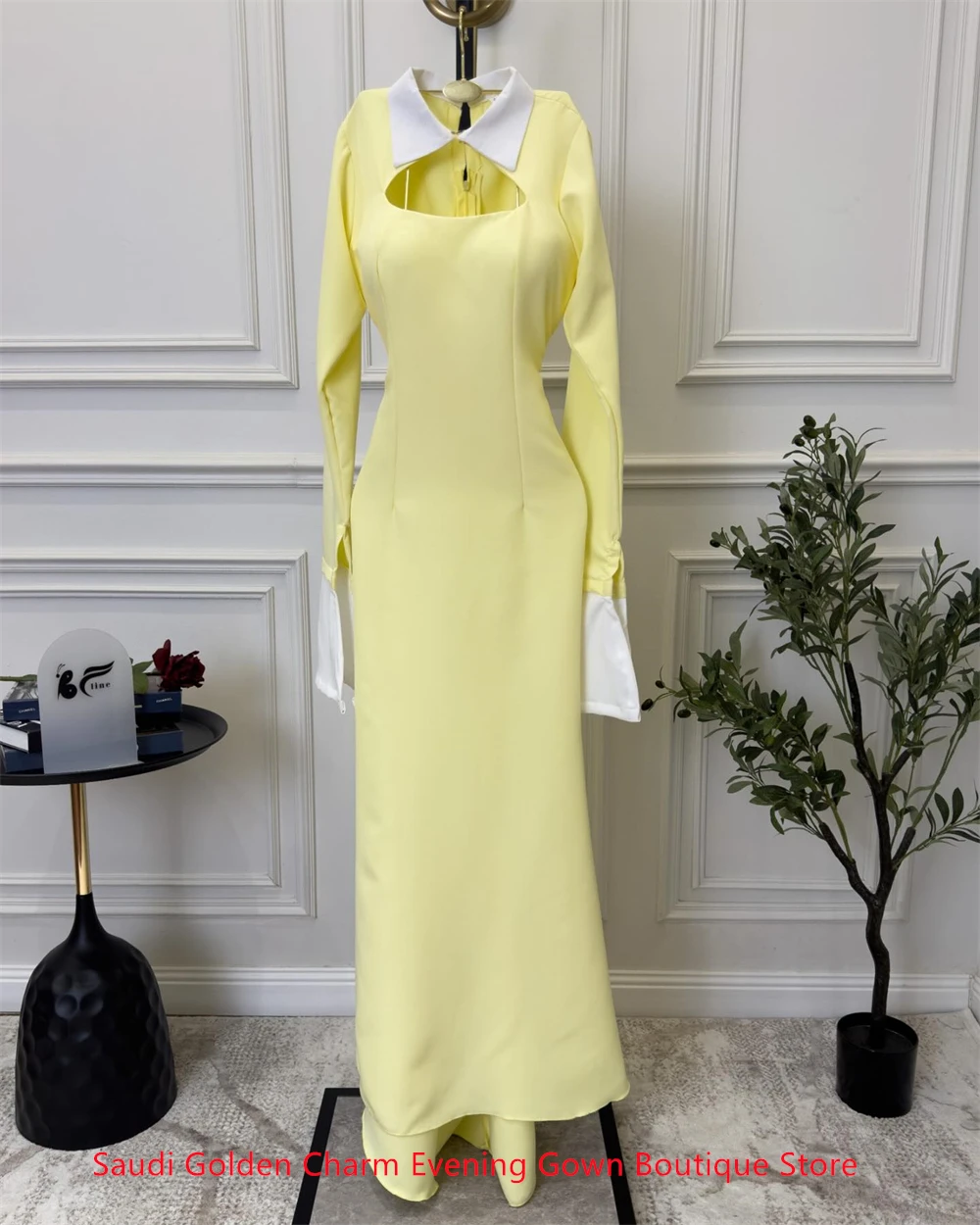 Customized  Exquisite Yellow Chiffon Evening Dress Temperament Crew Neck Long Sleeves Flare Sleeves Bespoke Occasion Go
