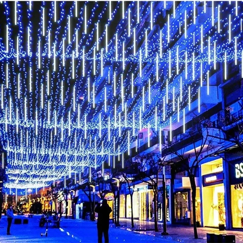 Luces LED de lluvia de meteoros para exteriores, guirnalda de luces de hadas con forma de gota de lluvia que cae, resistente al agua para decoraciones navideñas de jardín y fiestas