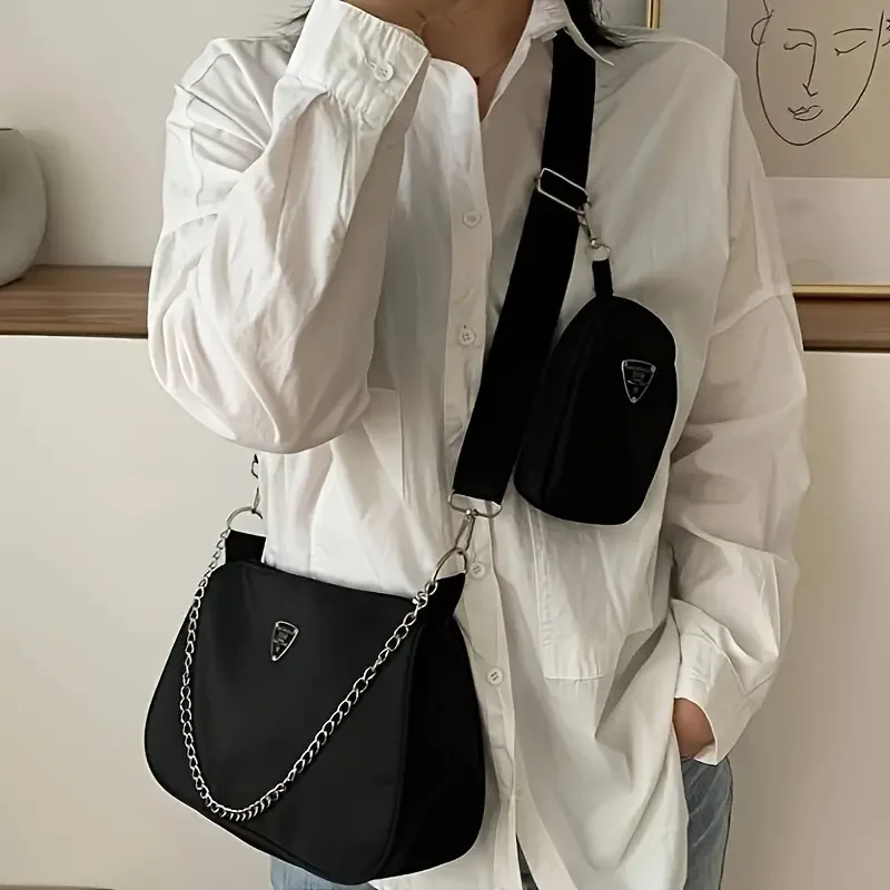 2 Sets Nylon Shoulder Bag Simple Solid Color Handbag Crossbody Bag with Chain Strap Fashion Daily Travel Multi-Purpose