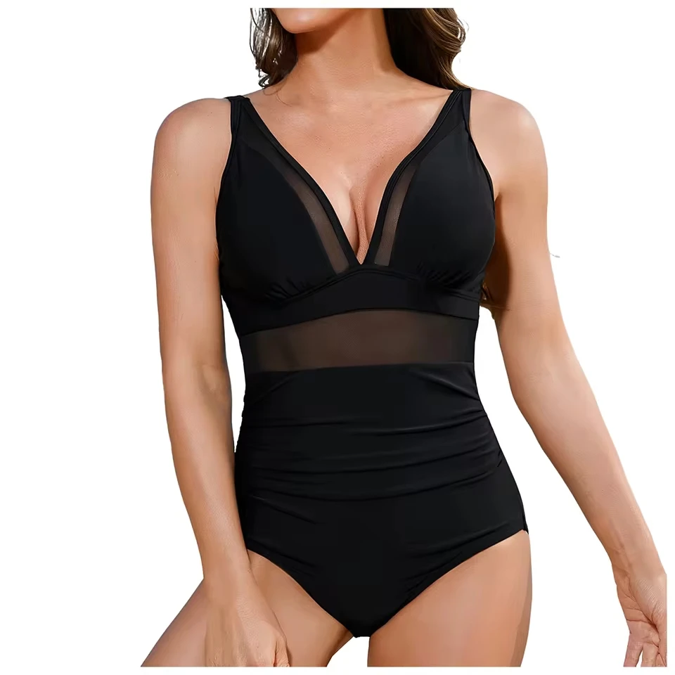 

Women Sexy V Neck One Piece Swimsuit Swim Slimming Dress Swimsuits Push Up Bathing Suit Solid Color Two Piece Swimsuit