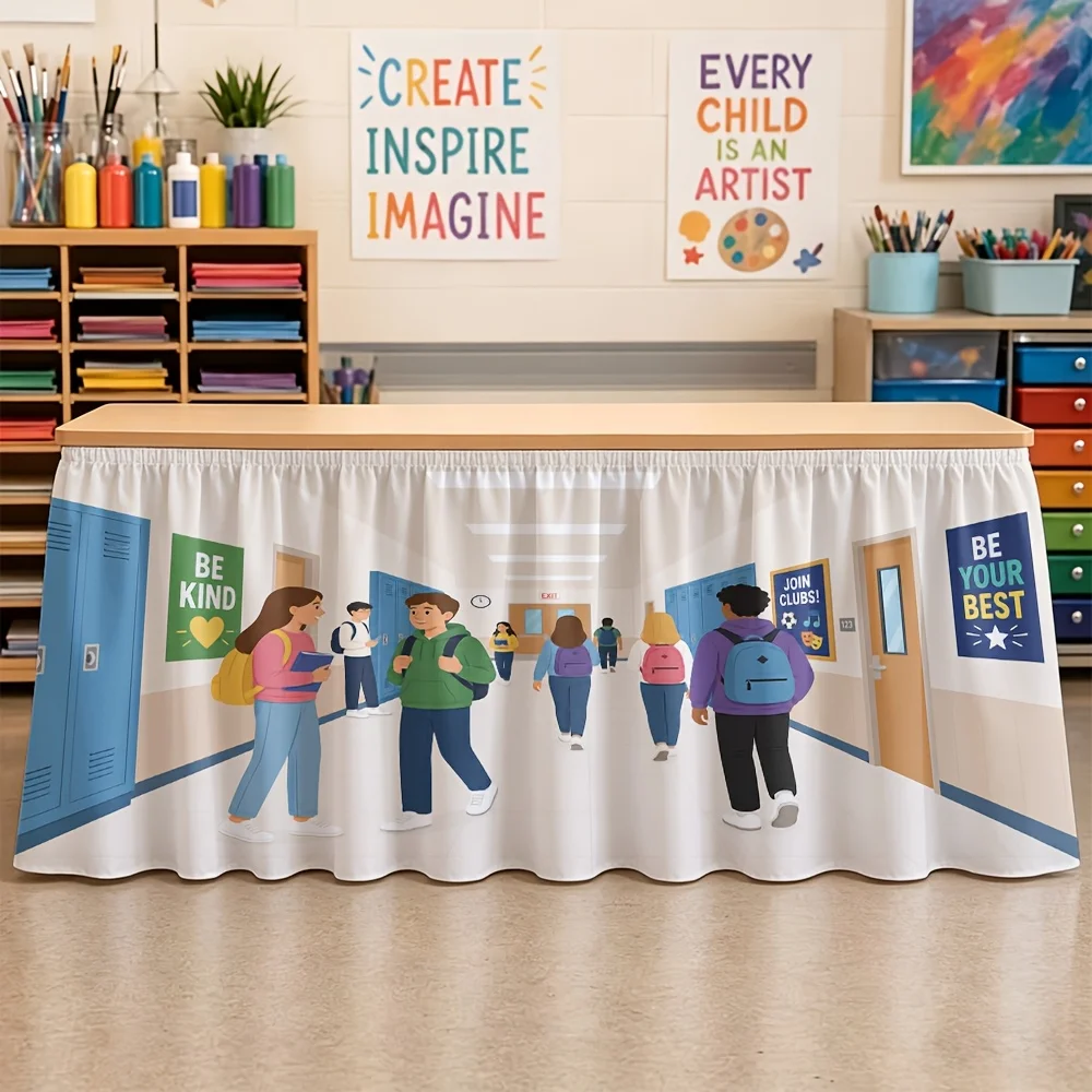 Back-to-school season, a tablecloth, a set of items depicting a student leaving school scene, and other printed elements.