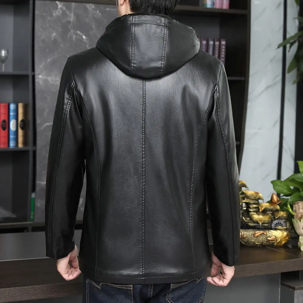 Men Faux Leather Jacket with Velvet Lining Stylish Men\'s Faux Leather Jacket with Velvet Lining Hooded Drawstring for Winter