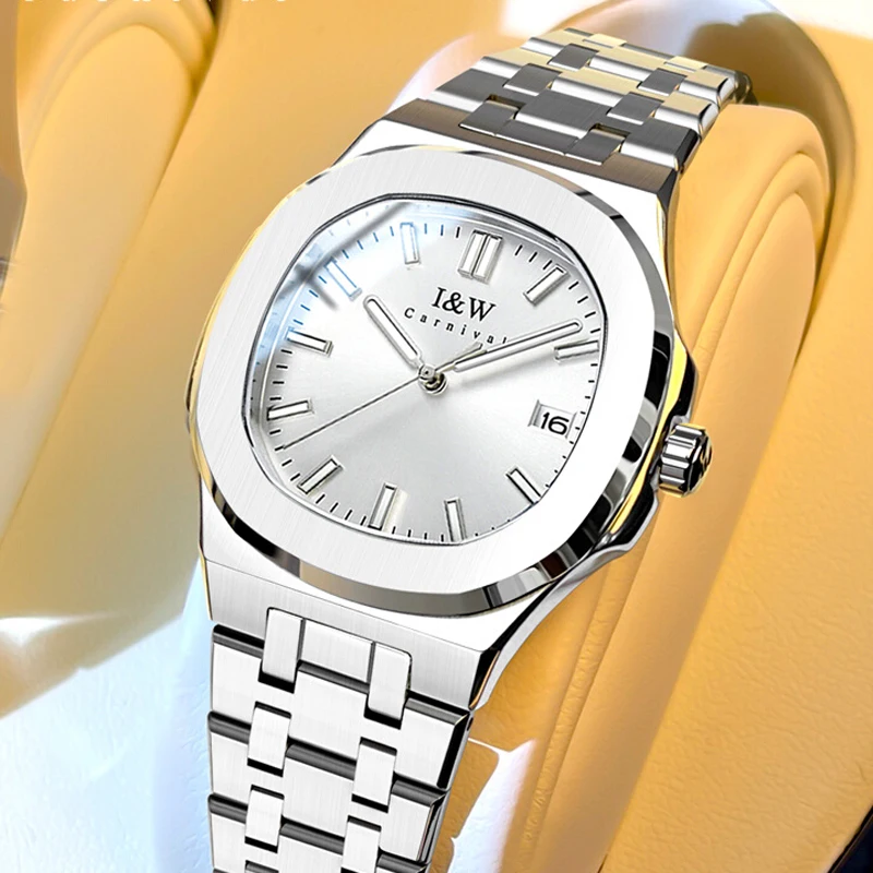 I&W CARNIVAL Luxury Switzerland Brand Women's Japan MIYOTA Quartz Watches Waterproof Auto Date Full Steel Couple Clock 55750L