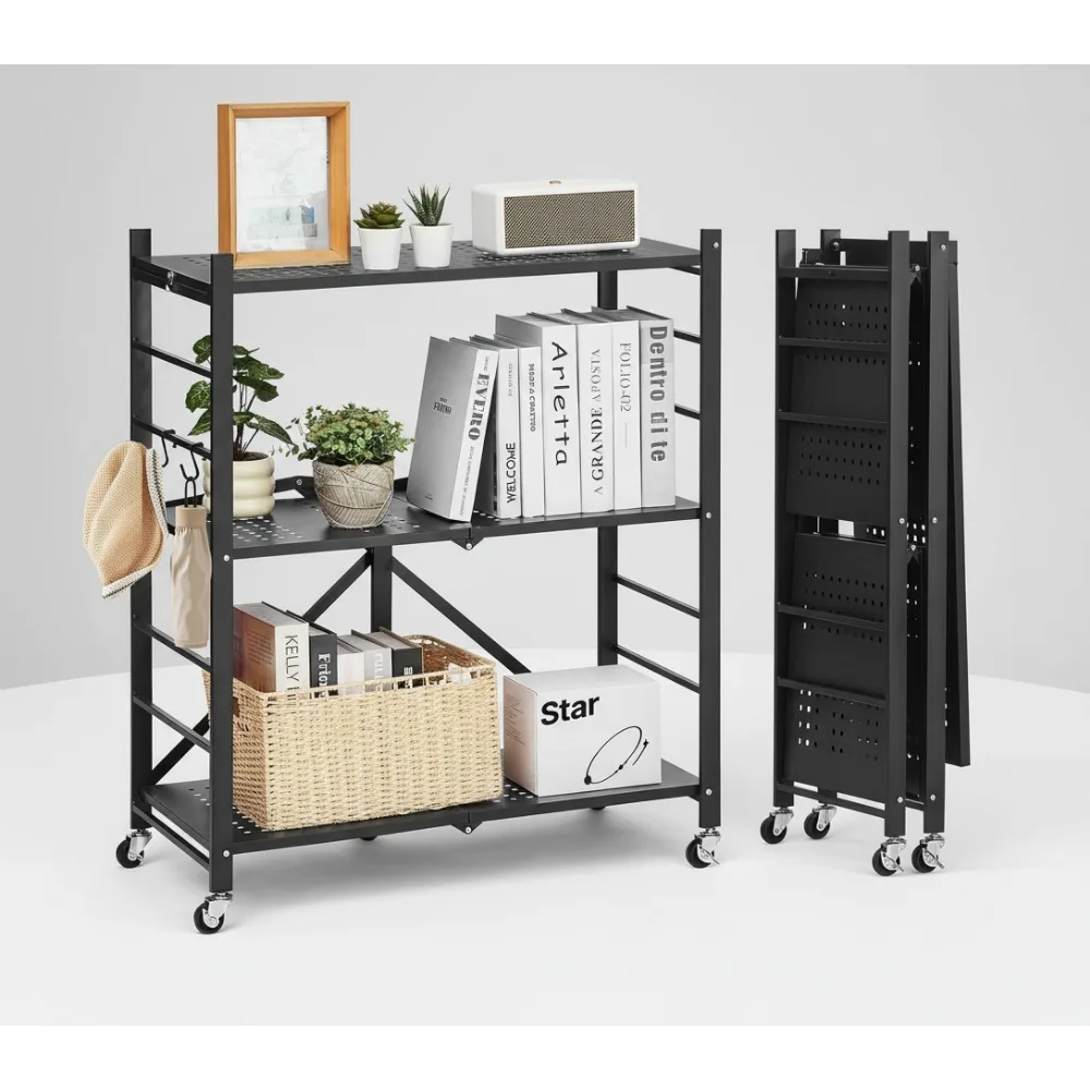 

3-Tier Foldable Storage Shelf, 30x13x36 Inch Metal Rack with Wheels & Hooks for Kitchen Pantry Garage Organization