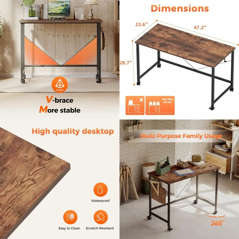 

Rolling Computer Desk with Wheels 48 X 24 inch, Gaming Desk for Small Spaces, Modern Simple Style Table for Home Office, Study W