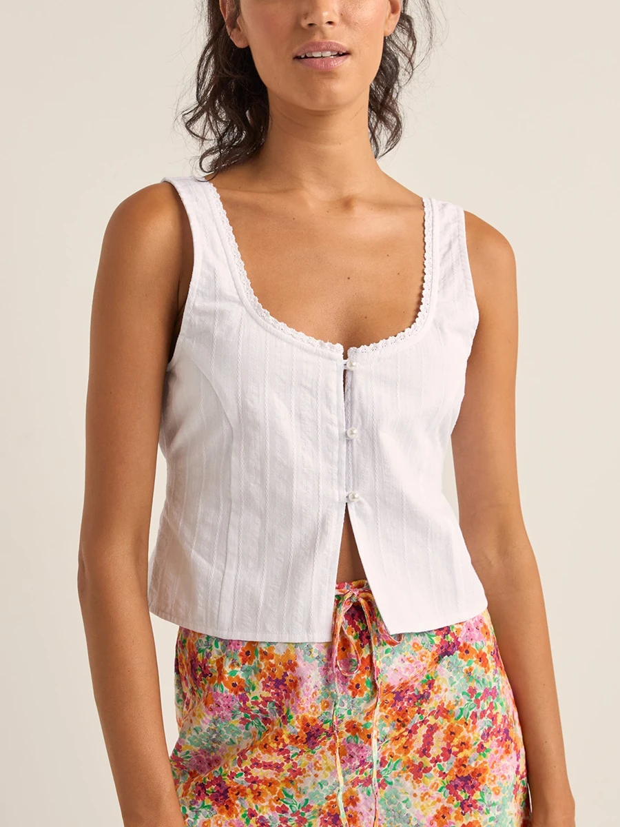 New Fashion Women Plaid Cropped Camisole Scoop Neck Lace Trim Button Front Tank Tops For Summer Hot Sale S-XL