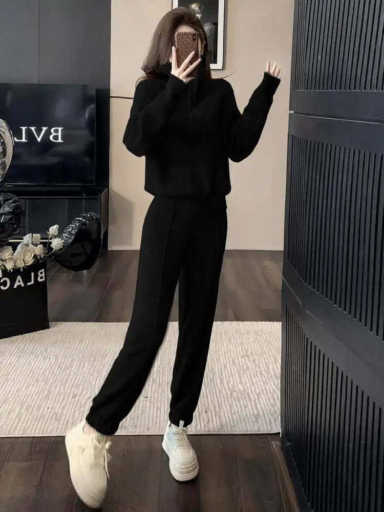 

Autumn Winter Two Pieces Set Women Black Grey Zipper Knitted Sweater Tops And High Waist Straight Ankle Binding Pant Korean Suit