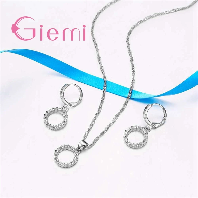 Pure 925 Sterling Silver Cubic Zircon Pendant Necklace Hoop Earrings for Women Lucky Forever Circular Full Crystal Jewelry Sets