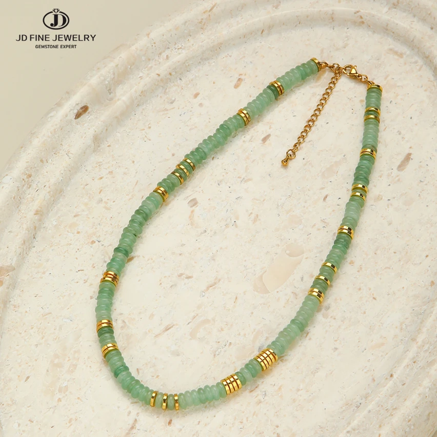 JD – collier en pierre naturelle d'aventurine verte pour femmes, chaîne de perles plates, bohème, en acier inoxydable, étanche, bijoux cadeau