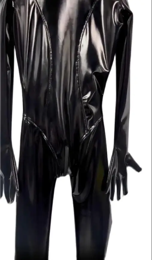 New trend triangle crotch high neck body-shaping jumpsuit sexy stage catwalk Faux latex catsuit