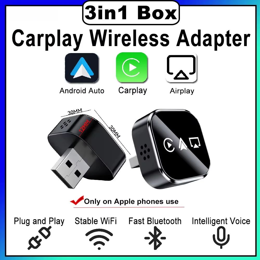 

Беспроводной адаптер MiNi Carplay USB-донгл Plug & Play с Wi-Fi и Bluetooth для iPhone и Android, автоматическое подключение, Airplay, AI Box 3-в-1 для CarPlay