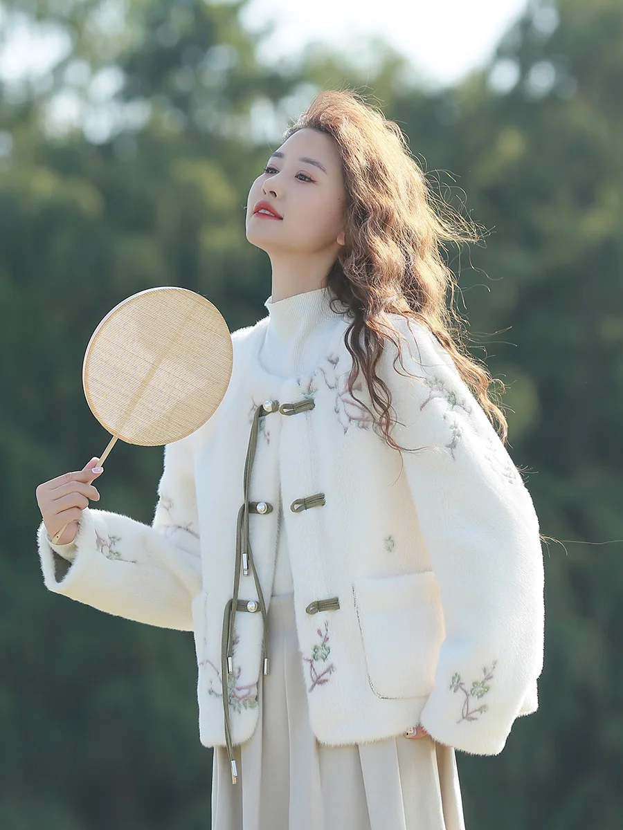 

Eco-Friendly ort Fur Coat Women's Plu Thiened Leatherette Jaet round Ne Long Sve Chinese Sle Loose Fit Outerwear