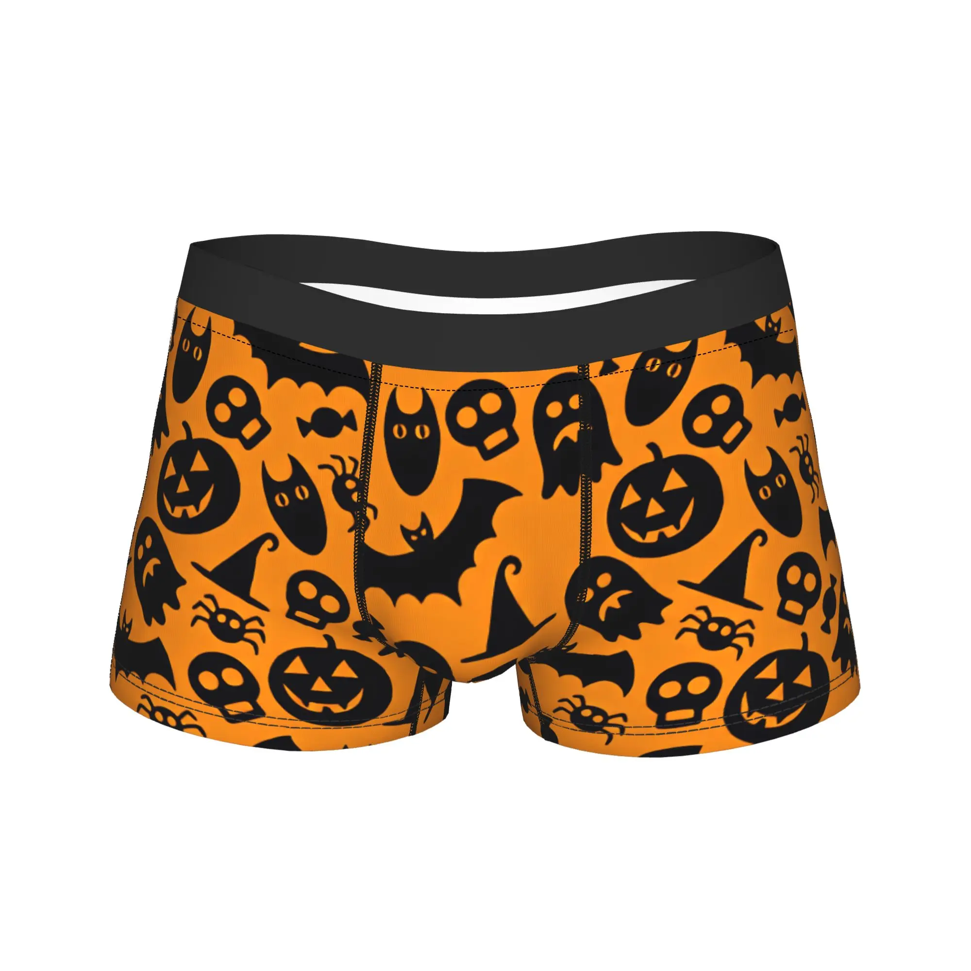 Halloween Silhouette Pumpkin Ghost Bat Witch Hat Seamless Pattern Orange Background Underwear  Sexy Soft Panties Boxer Brief