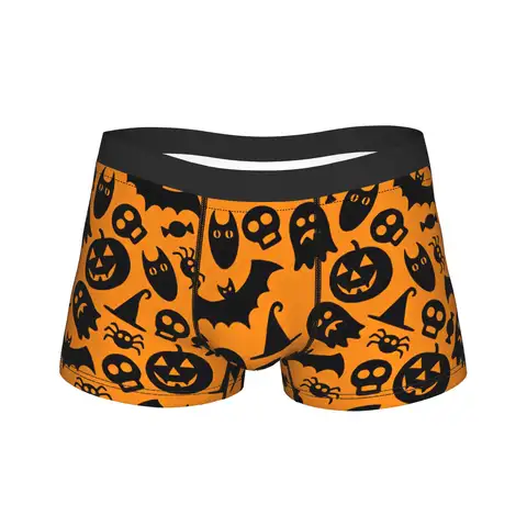 Halloween Silhouette Pumpkin Ghost Bat Witch Hat Seamless Pattern Orange Background Underwear  Sexy Soft Panties Boxer Brief