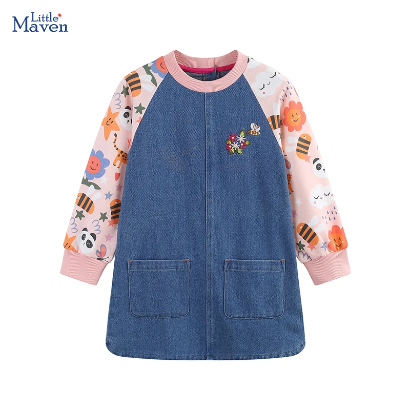 Детская одежда Little maven, осень-весна 2022, джинсовое платье с мультяшными цветами для маленьких девочек, платья принцессы с длинными рукавами для девочек
