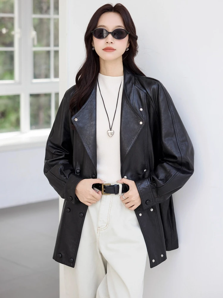 سترة واقية من الجلد الطبيعي غير رسمية للنساء لربيع وخريف الراقية وبسيطة وياقة ثابتة وشمع زيتي صلب معطف من جلد الغنم الحقيقي