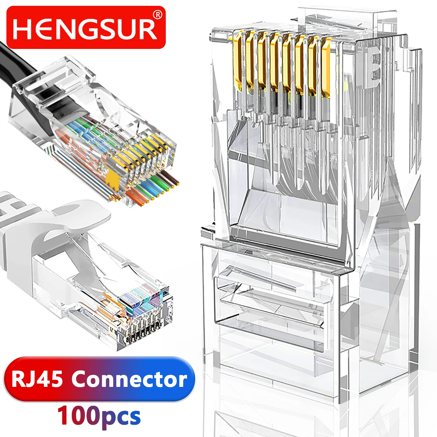 RJ45 CAT6 CAT5e Pass Through Connectors Crystal End Gold-Plated 8P8C Crimp UTP Standard Ethernet Network Modular Plug